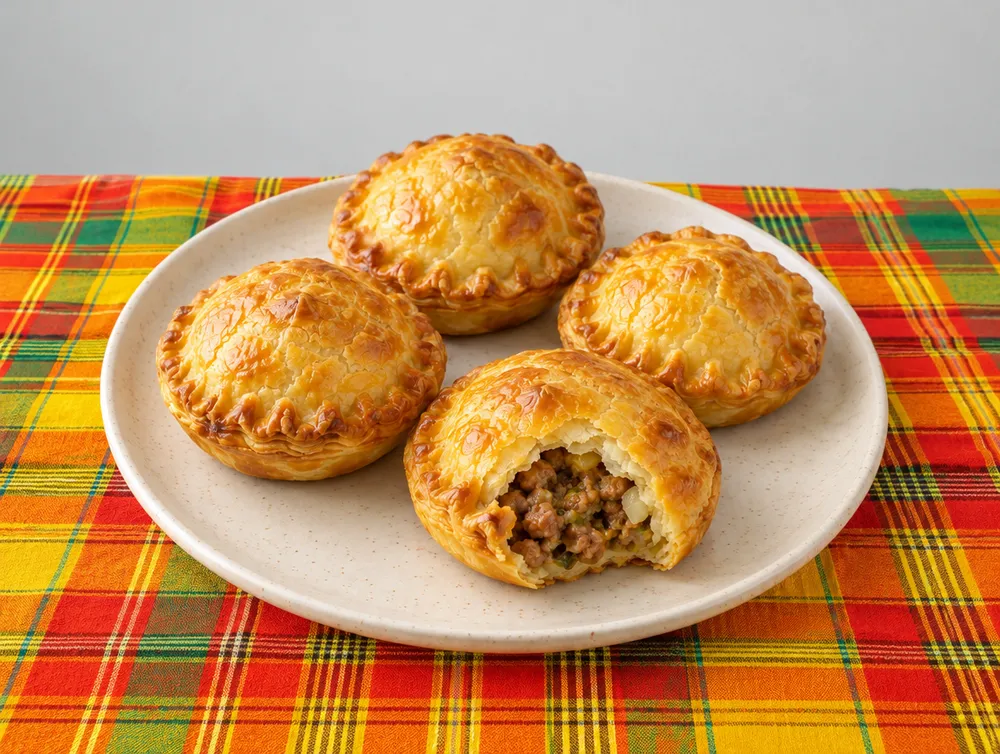 Petits pâtés créoles maison : 4 petits pâtés feuilletés aux crevettes, à la morue ou au porc.